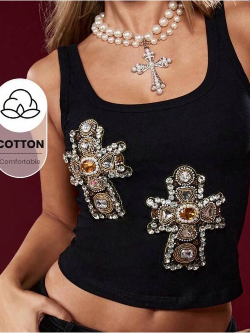 Missguided Black Embellished Cross Tank Top Vintage Gothic Crystal Rhinestones